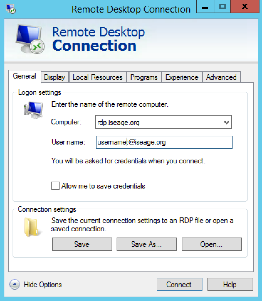 The login window for Remote Desktop Connection