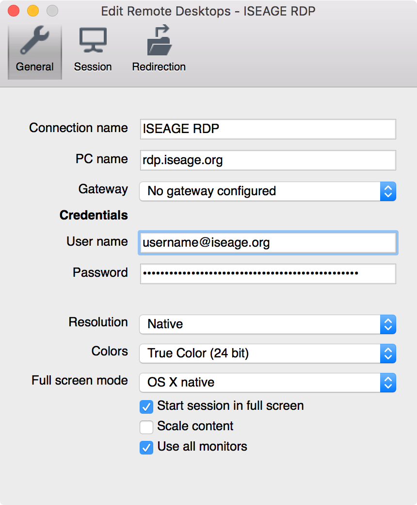 The connection details window for Remote Desktop